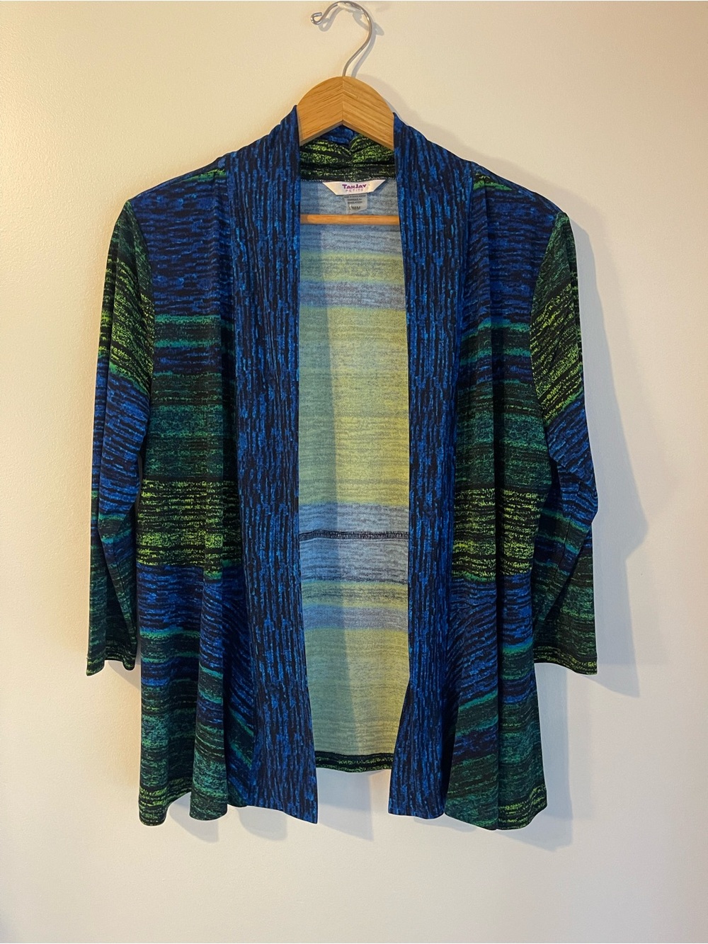 TanJay Petite Open Front Cardigan Ruched Neck Striped Jacket Blue Green
